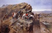 Charles M Russell Indians on a Bluff Surverying General Miles-Troops oil on canvas